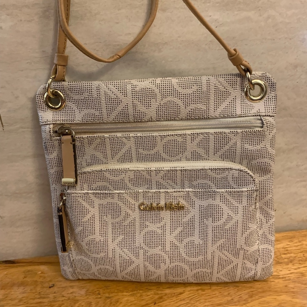 Calvin Klein Tan and White Crossbody Bag with Monogram